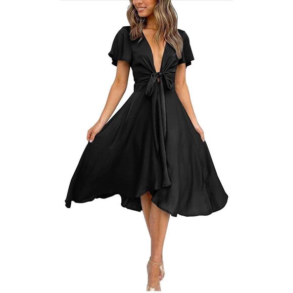 NEW Satin Deep V Neck Dress Tie Front High Waist Flowy Ruffle Midi Cocktail L - Picture 1 of 5